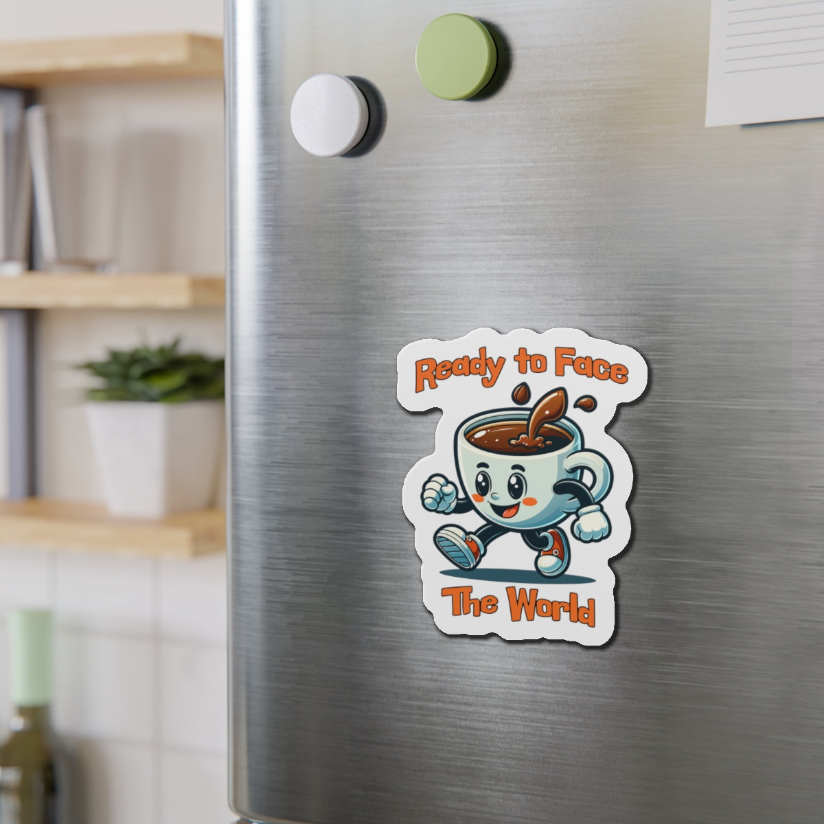 Whimsical Coffee Character Die-Cut Magnet - 'Ready to Face The World'