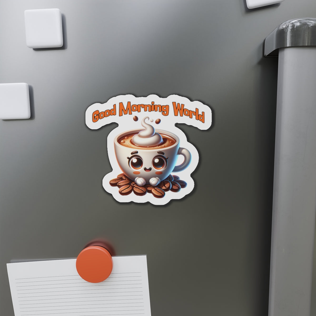 Cute Coffee Mug Die-Cut Magnet - "Good Morning World" Decor