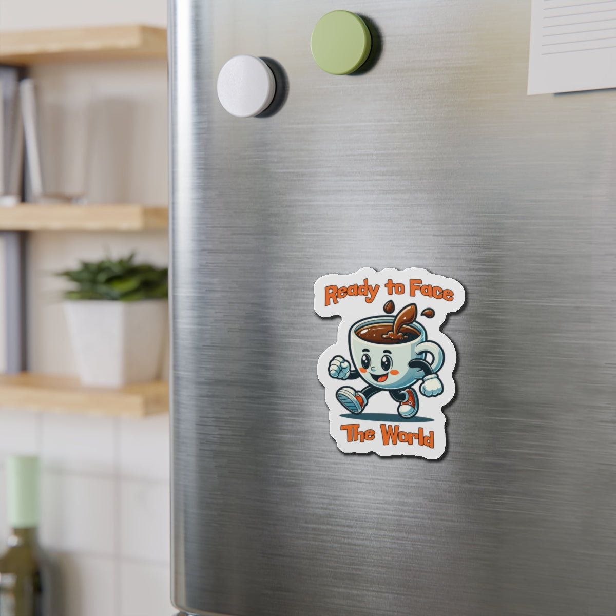 Whimsical Coffee Character Die-Cut Magnet - 'Ready to Face The World'