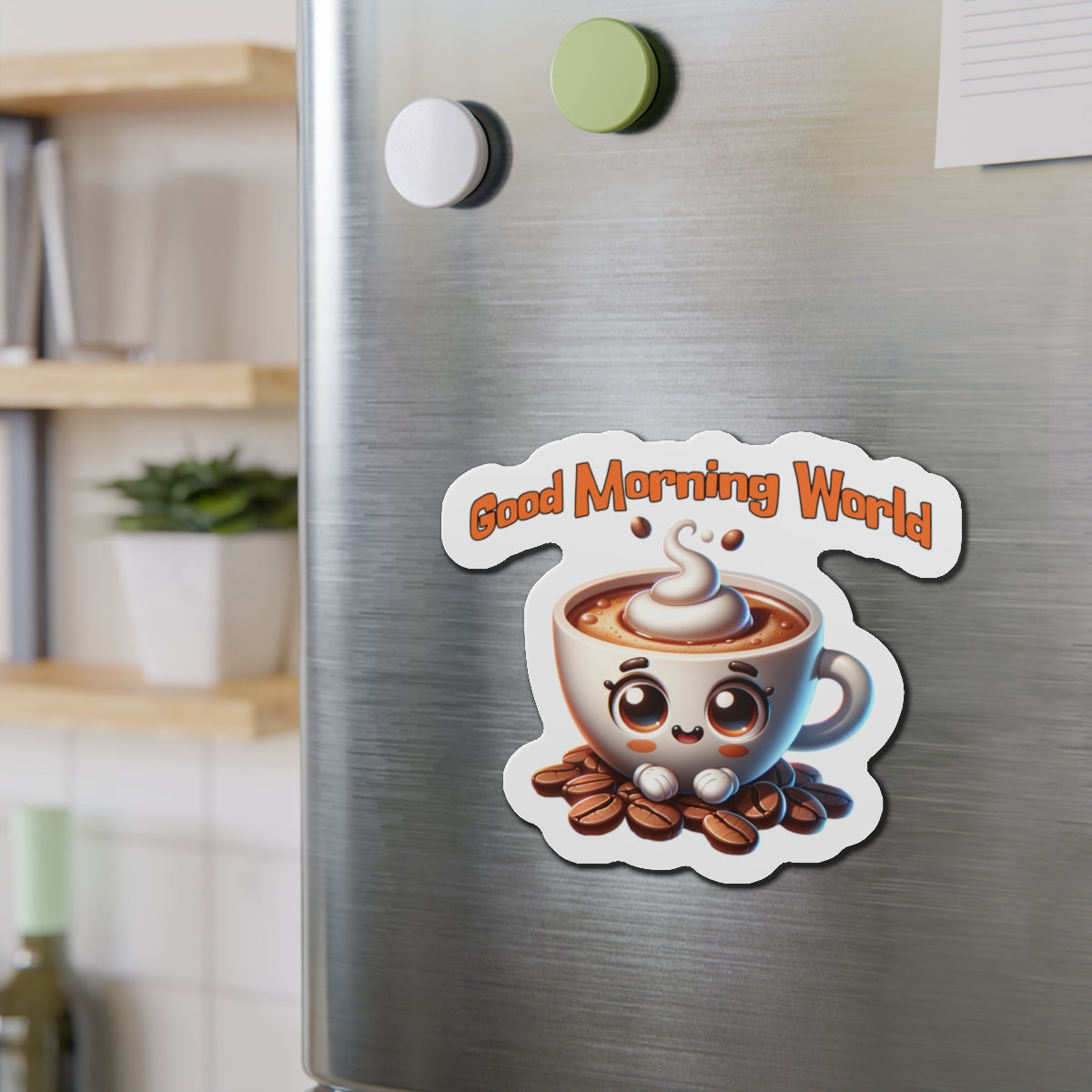 Cute Coffee Mug Die-Cut Magnet - "Good Morning World" Decor - Java Good Coffee
