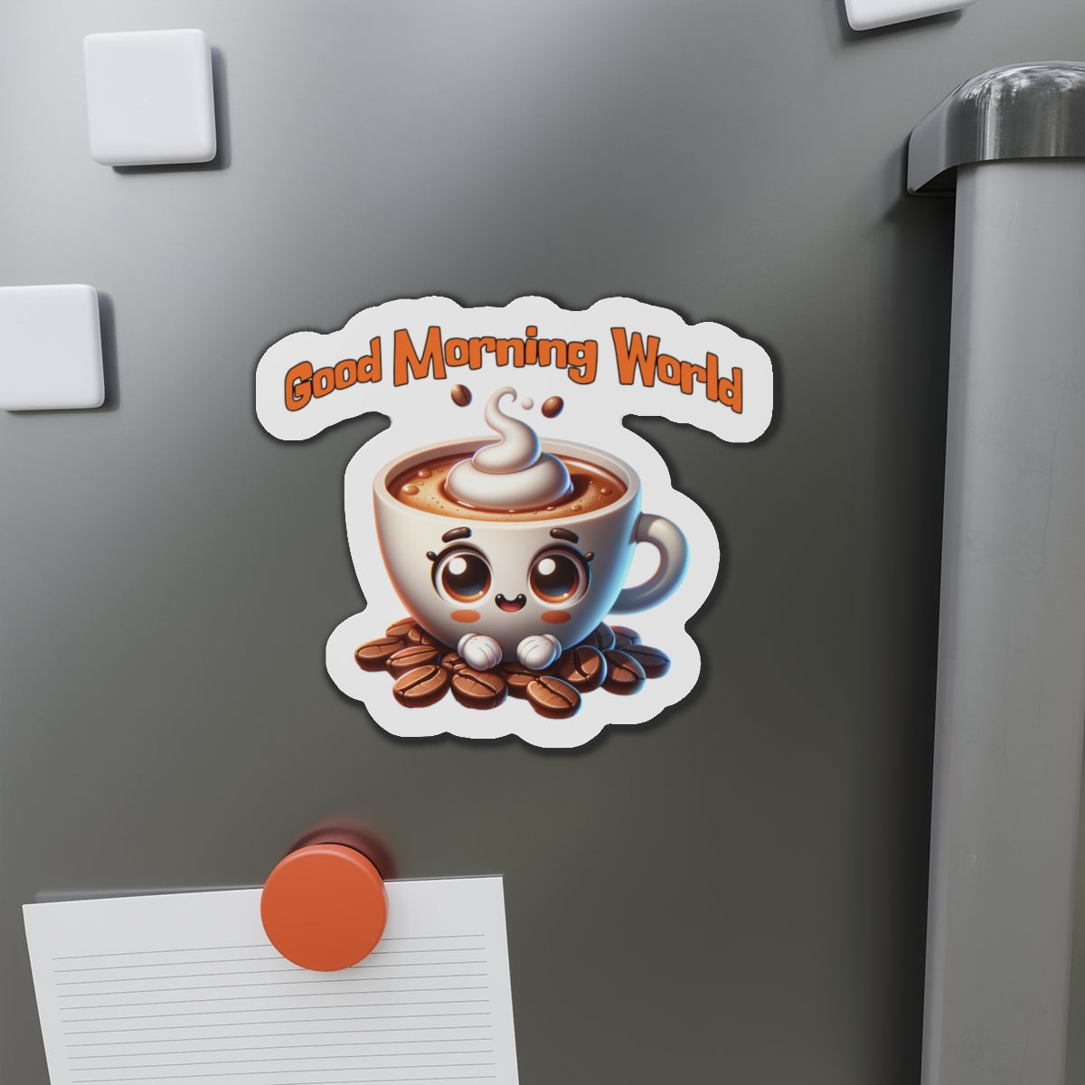 Cute Coffee Mug Die-Cut Magnet - "Good Morning World" Decor - Java Good Coffee