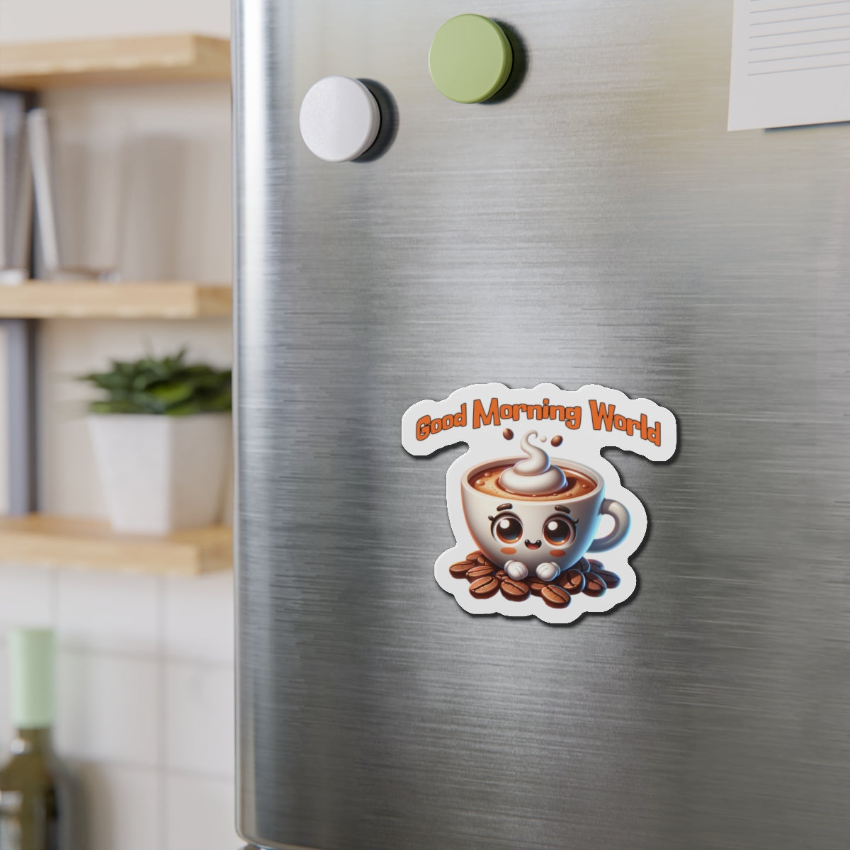 Cute Coffee Mug Die-Cut Magnet - "Good Morning World" Decor