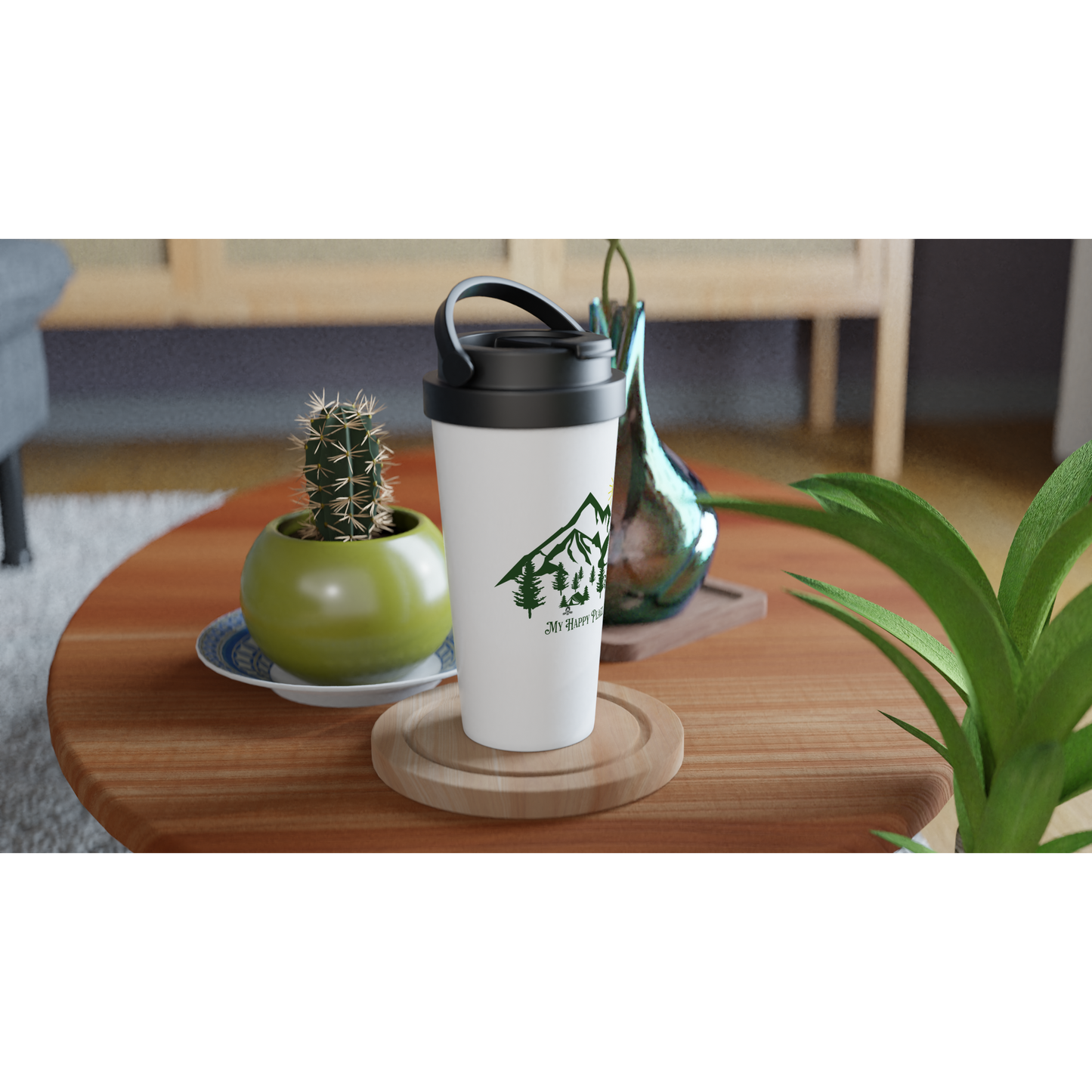 My Happy Place Camping White 15oz Stainless Steel Travel Mug Java Good Coffee