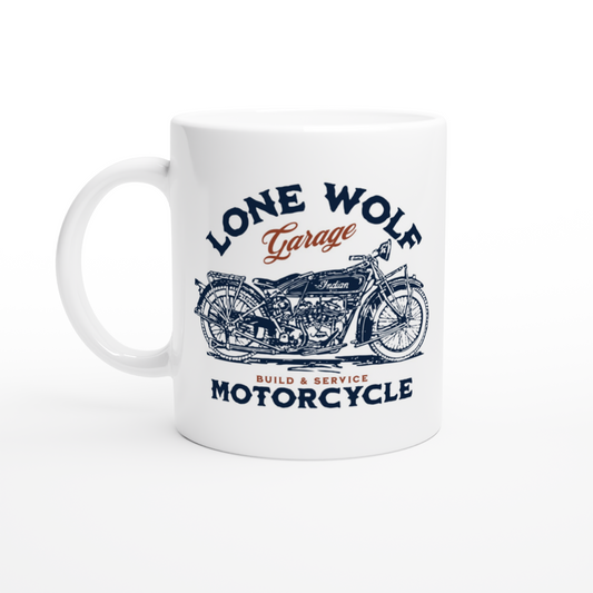 Lone Wolf Garage White 11oz Ceramic Mug by Java Good Coffee