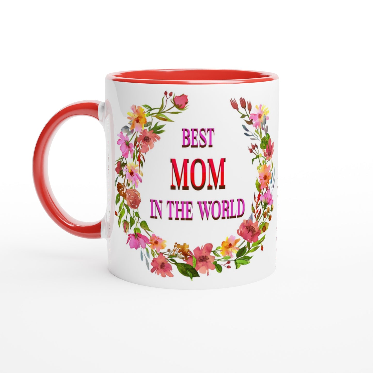 Floral Best Mom in the World Red Handle 11oz Ceramic Mug at Java Good Coffee