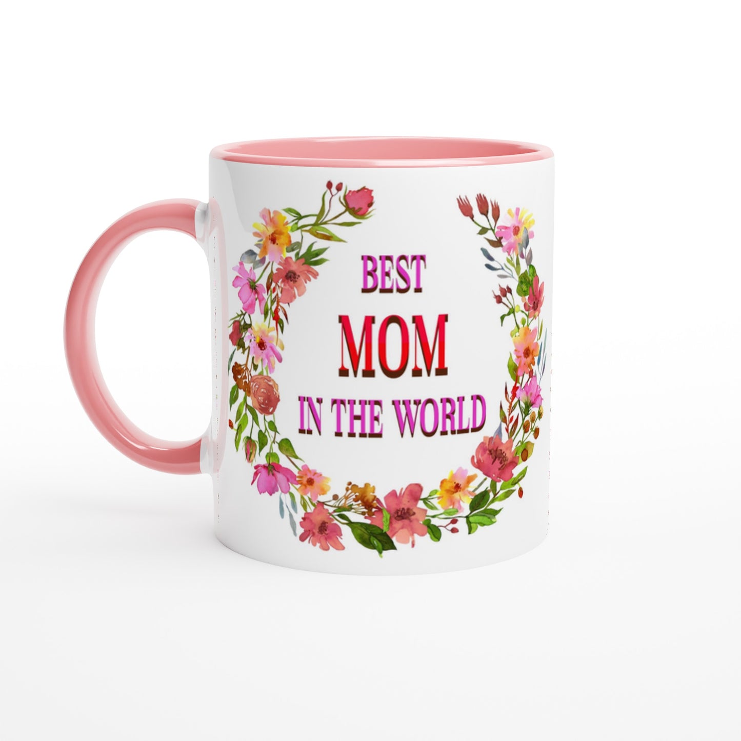 Floral Best Mom in the World Pink Handle 11oz Ceramic Mug at Java Good Coffee