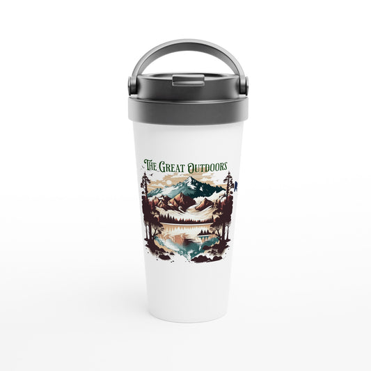 The Great Outdoors White 15oz Stainless Steel Travel Mug at Java Good Coffee