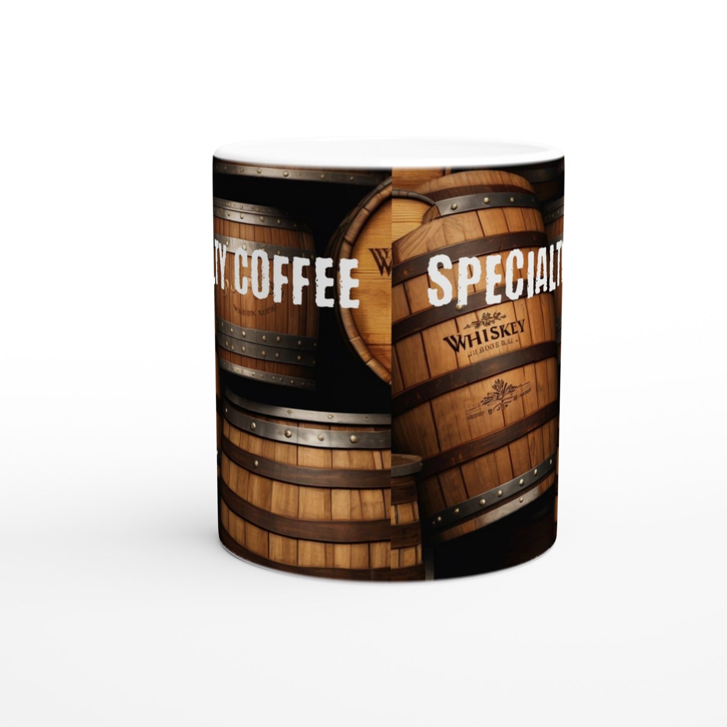 Whiskey Barrels Specialty Coffee White 11oz Ceramic Mug Java Good Coffee