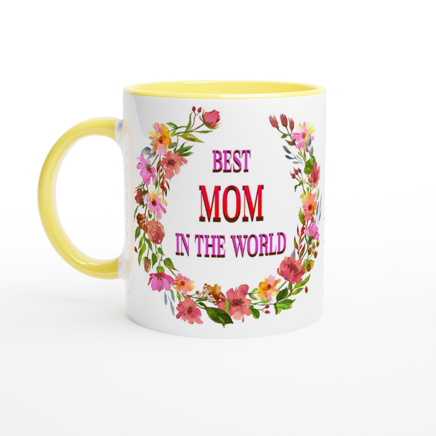 Floral Best Mom in the World Yellow Handle 11oz Ceramic Mug at Java Good Coffee