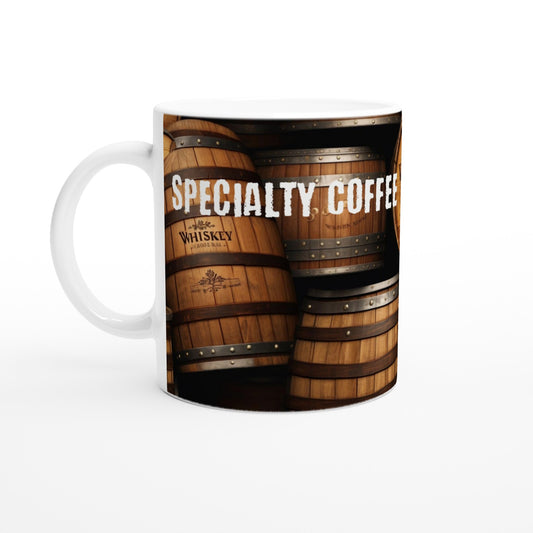 Whiskey Barrels Specialty Coffee White 11oz Ceramic Mug at Java Good Coffee