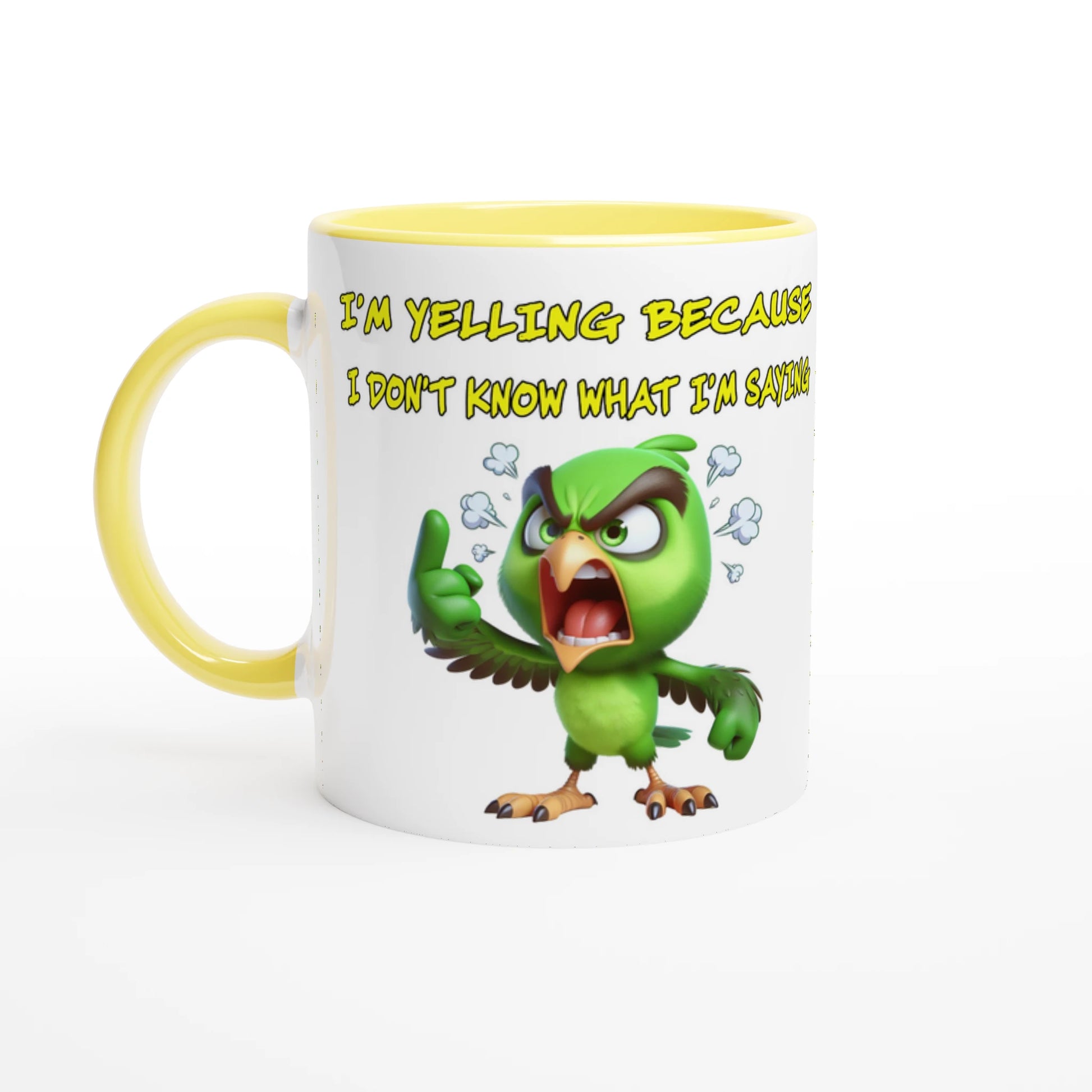 Yelling Bird White 11oz Ceramic Mug with Color Inside -by Java Good Coffee