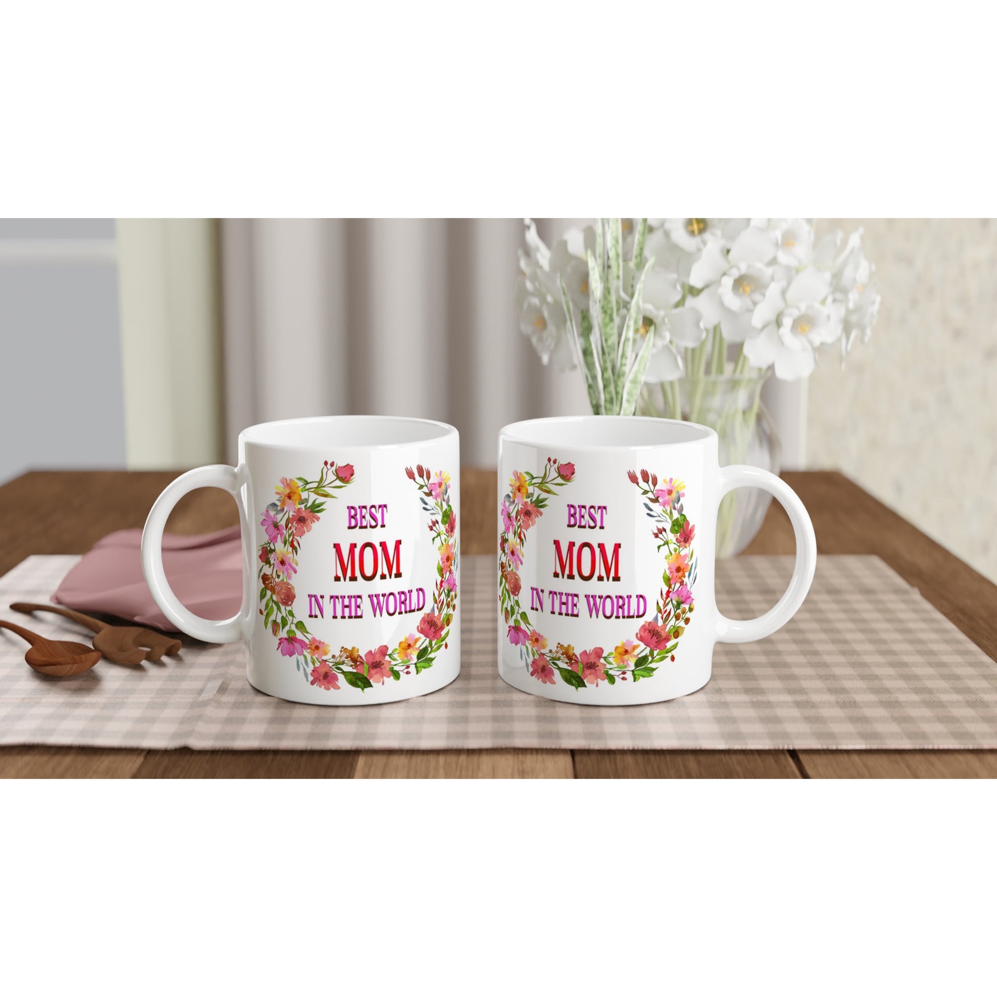 Floral Best Mom in the World  Green Handle 11oz Ceramic Mug on Java Good Coffee