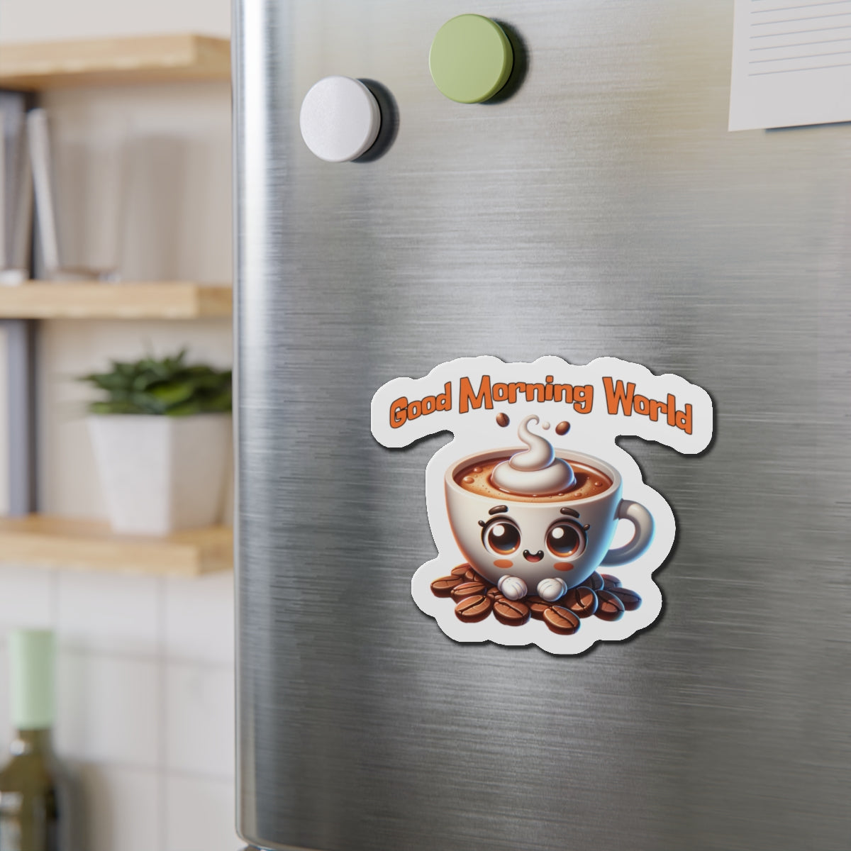 Cute Coffee Mug Die-Cut Magnet - "Good Morning World" Decor
