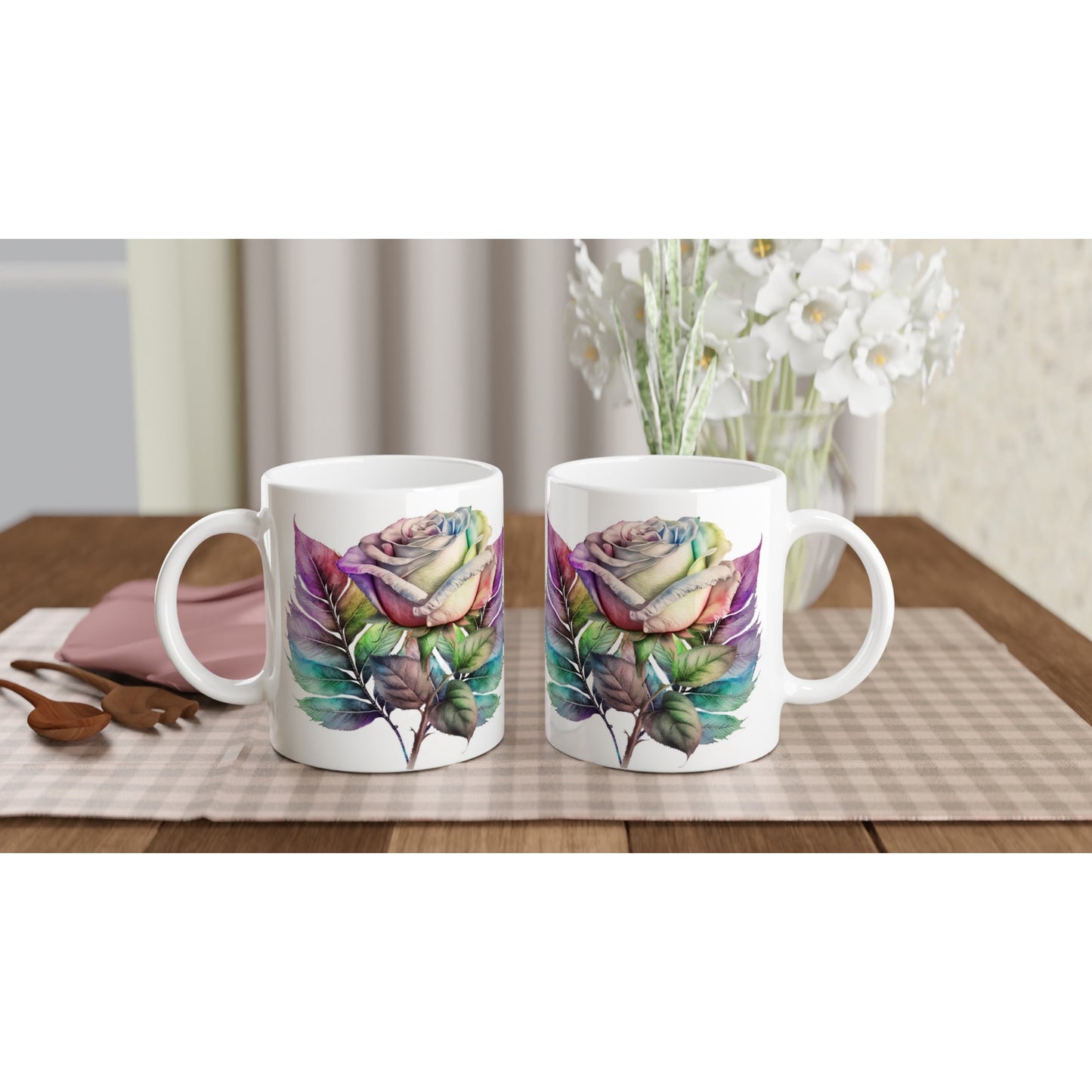 Floral Single Rose White 11oz Ceramic Mug Java Good Coffee