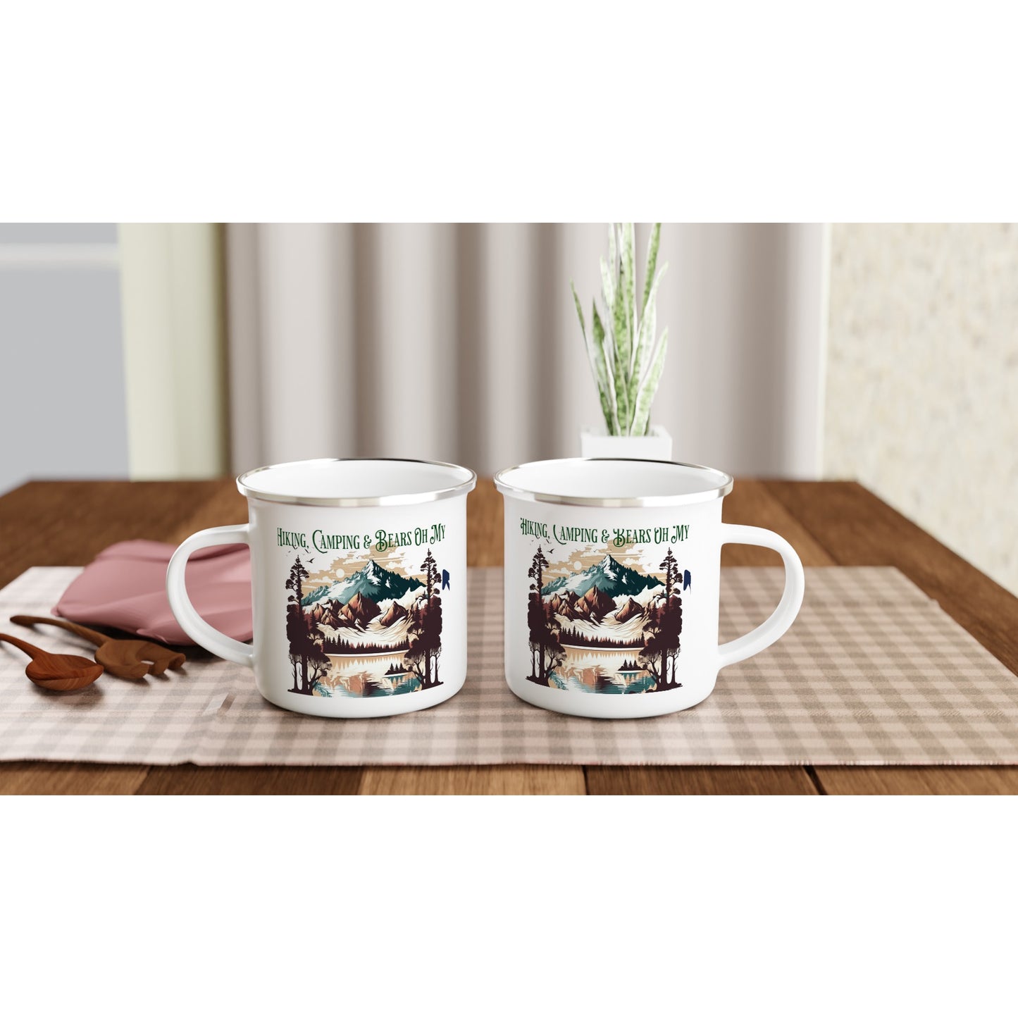Hiking, Camping & Bears Oh My White 12oz Enamel Mug on Java Good Coffee