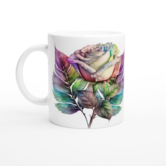 Floral Single Rose White 11oz Ceramic Mug at Java Good Coffee
