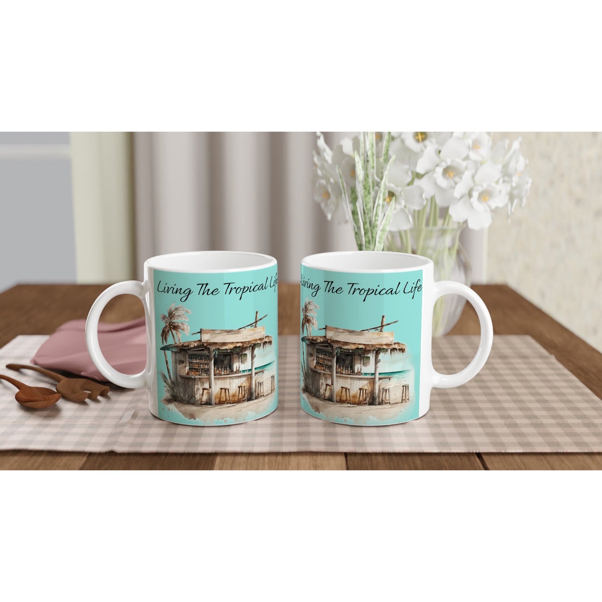 Living The Tropical Life White 11oz Ceramic Mug Java Good Coffee