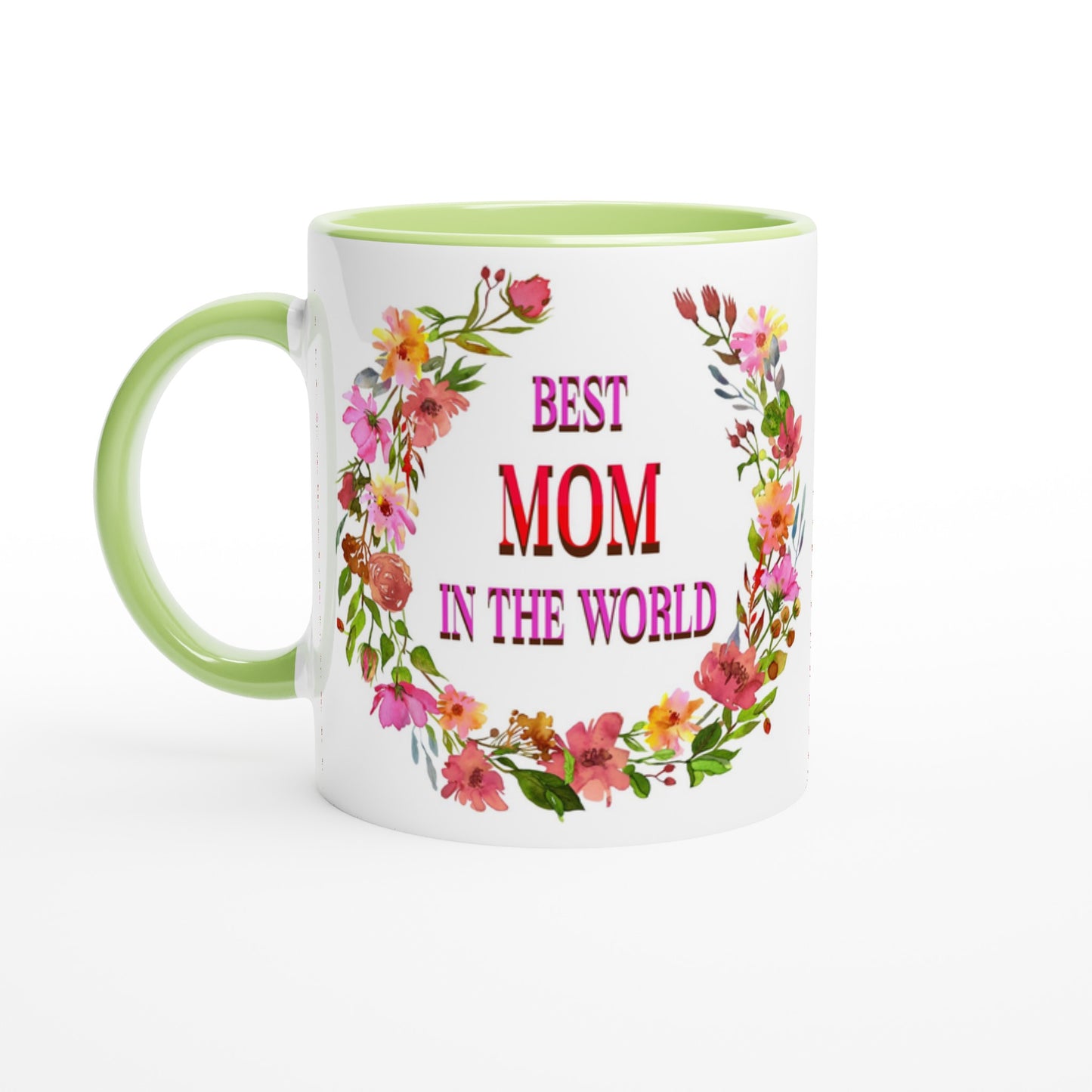 Floral Best Mom in the World Green Handle 11oz Ceramic Mug at Java Good Coffee