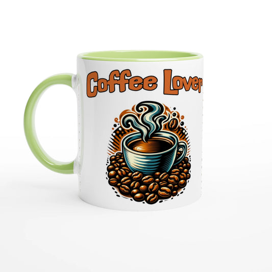 Coffee Lover Cup & Beans White 11oz Ceramic Mug with Color Inside at Java Good Coffee
