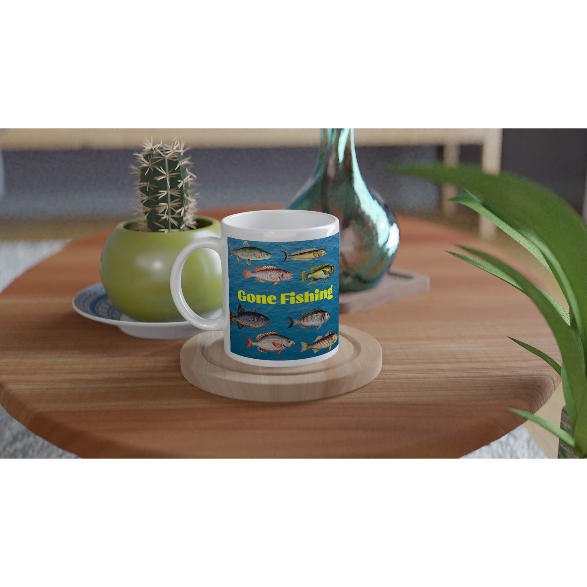 Gone Fishing White 11oz Ceramic Mug on Java Good Coffee