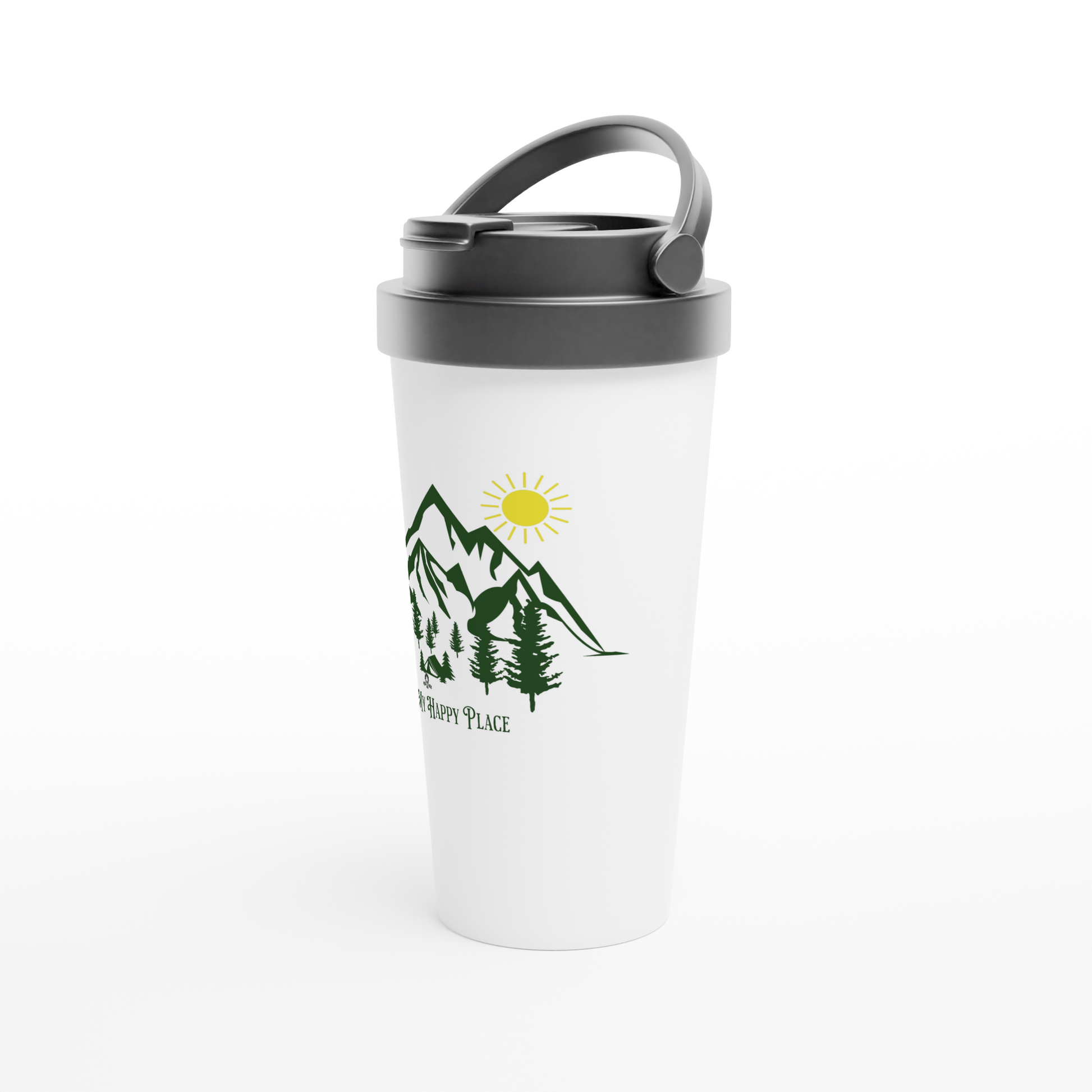 My Happy Place Camping White 15oz Stainless Steel Travel Mug at Java Good Coffee