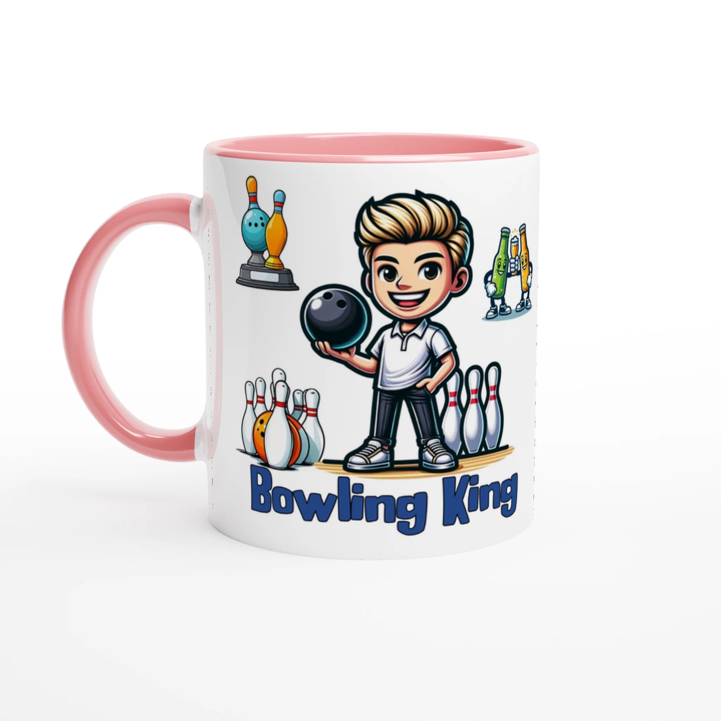 Bowling King White 11oz Ceramic Mug with Color Inside -at Java Good Coffee