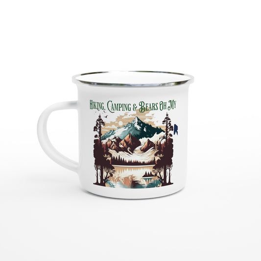 Hiking, Camping & Bears Oh My White 12oz Enamel Mug at Java Good Coffee
