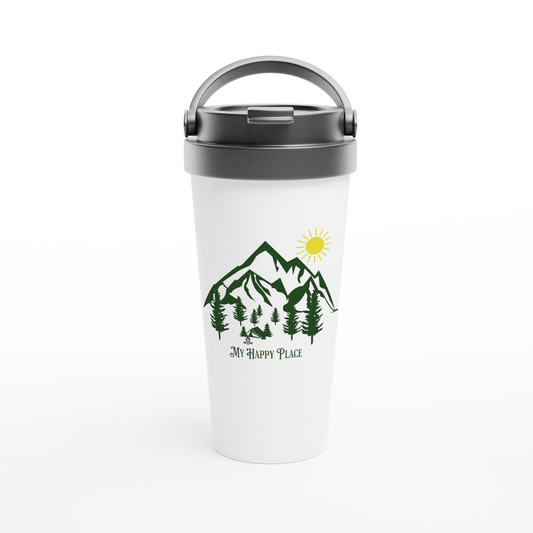 My Happy Place Camping White 15oz Stainless Steel Travel Mug by Java Good Coffee