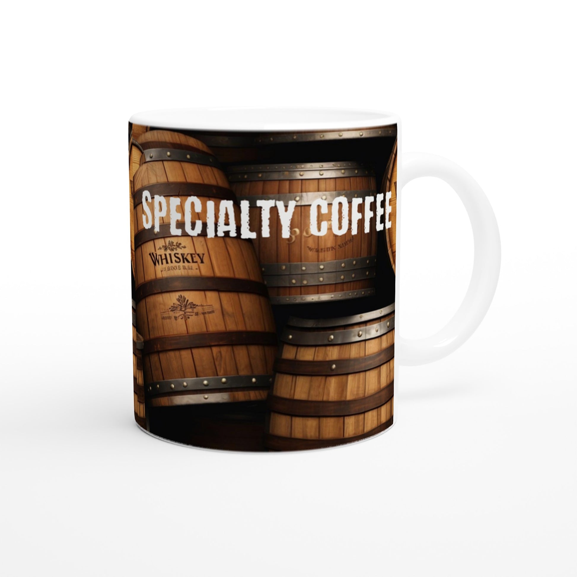 Whiskey Barrels Specialty Coffee White 11oz Ceramic Mug by Java Good Coffee