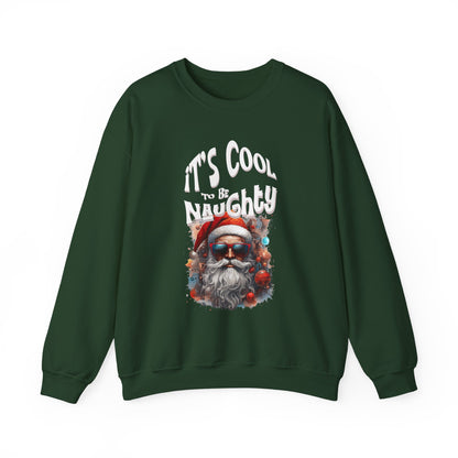 Green sweatshirt with a graphic of a Santa Claus wearing sunglasses and the text 'It's Cool to be Naughty' on a white background at Java Good Coffee
