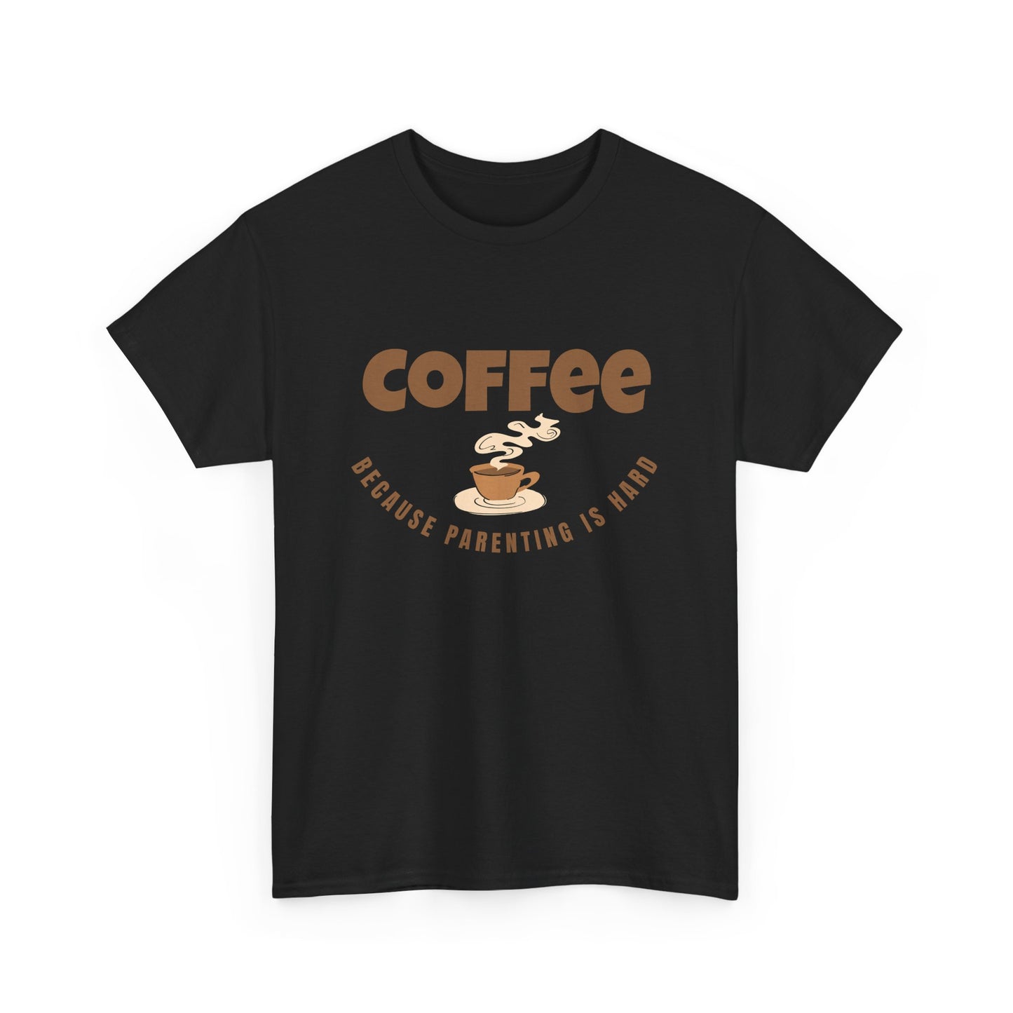 Black t-shirt with coffee-themed graphic and text on a white background