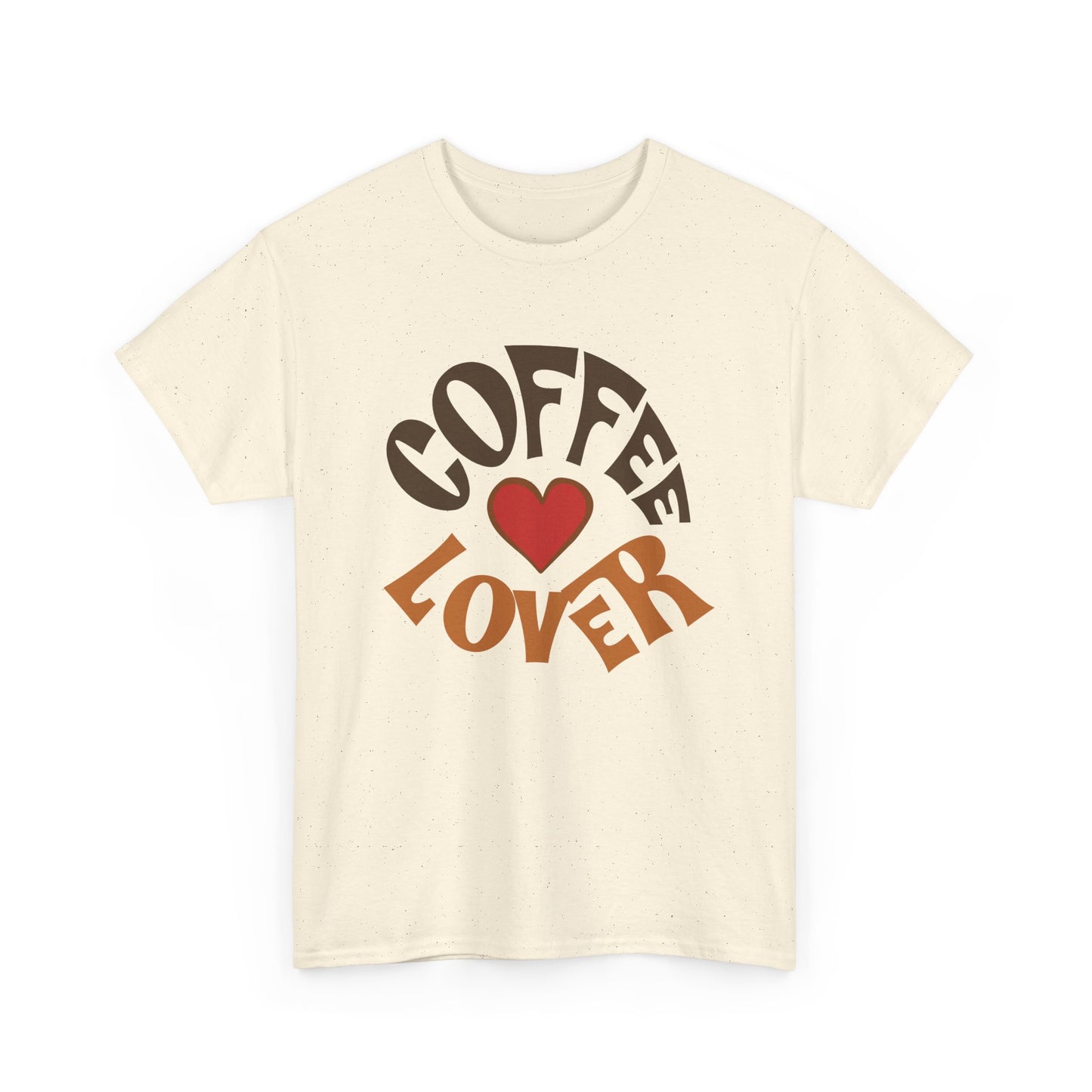 Beige t-shirt with 'Coffee Lover' text and heart graphic on a white background