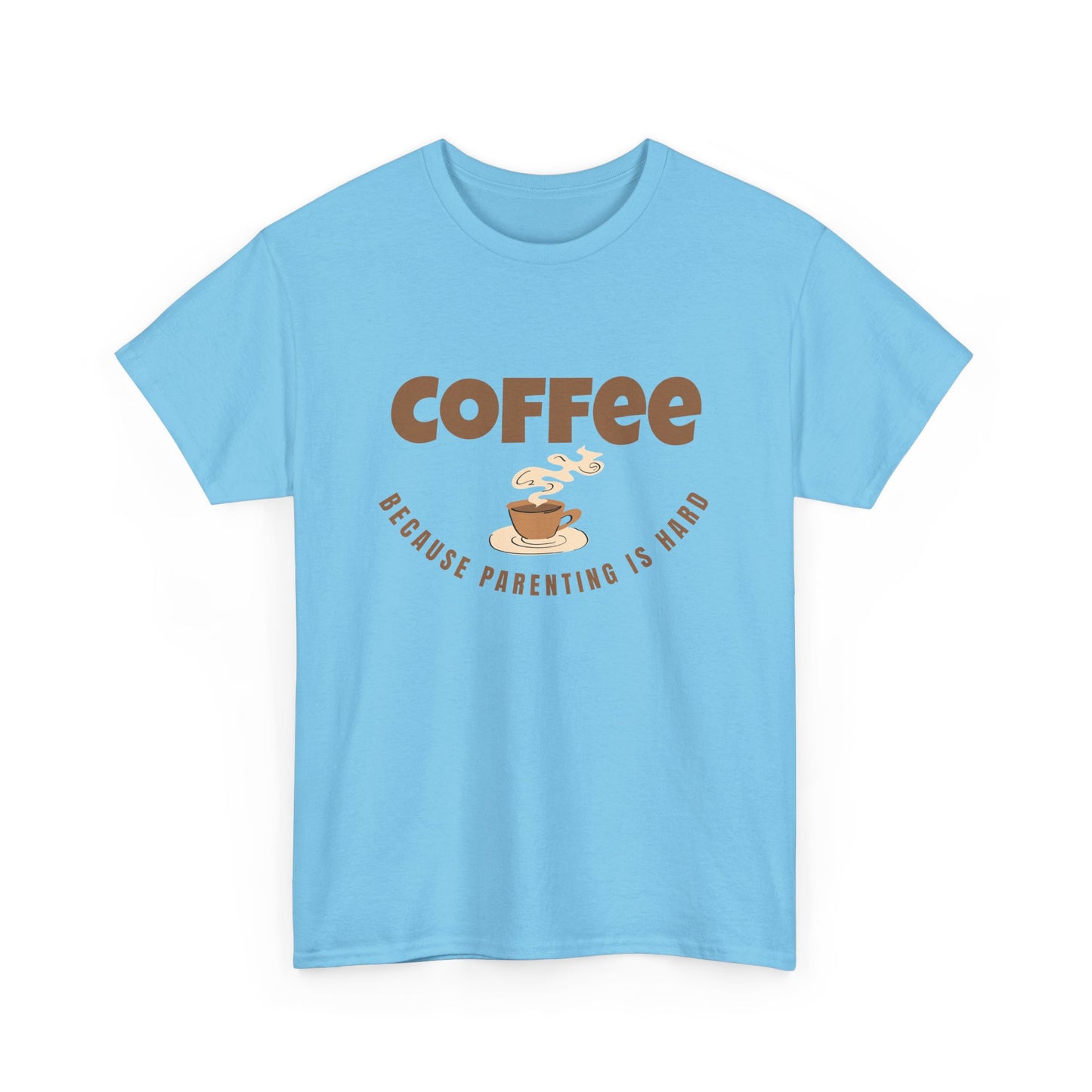 Light blue t-shirt with coffee-themed graphic and text on a white background