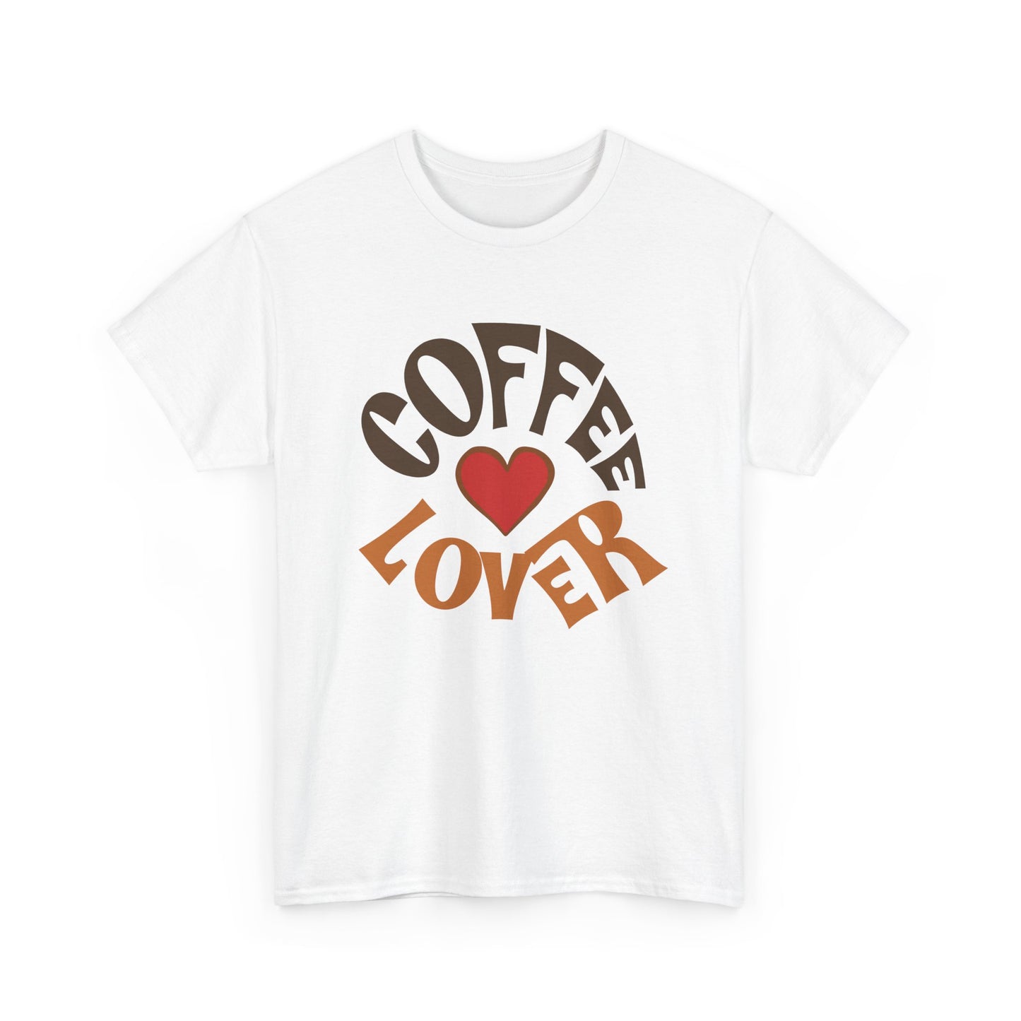 White t-shirt with 'Coffee Lover' text and heart graphic on a white background