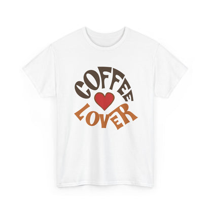 White t-shirt with 'Coffee Lover' text and heart graphic on a white background