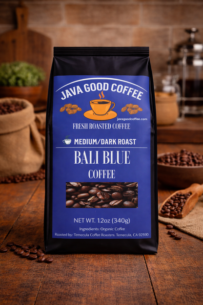 Java Good Coffee Bali Blue package on a wooden surface with coffee beans around