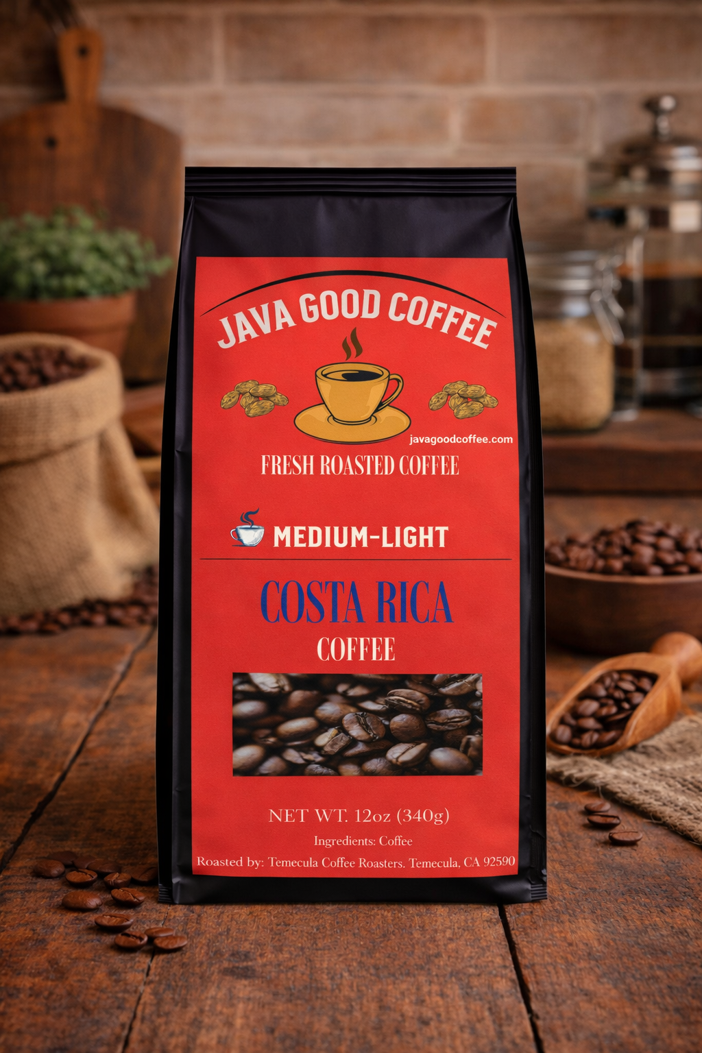 Java Good Coffee package on a wooden surface with coffee beans and a rustic background