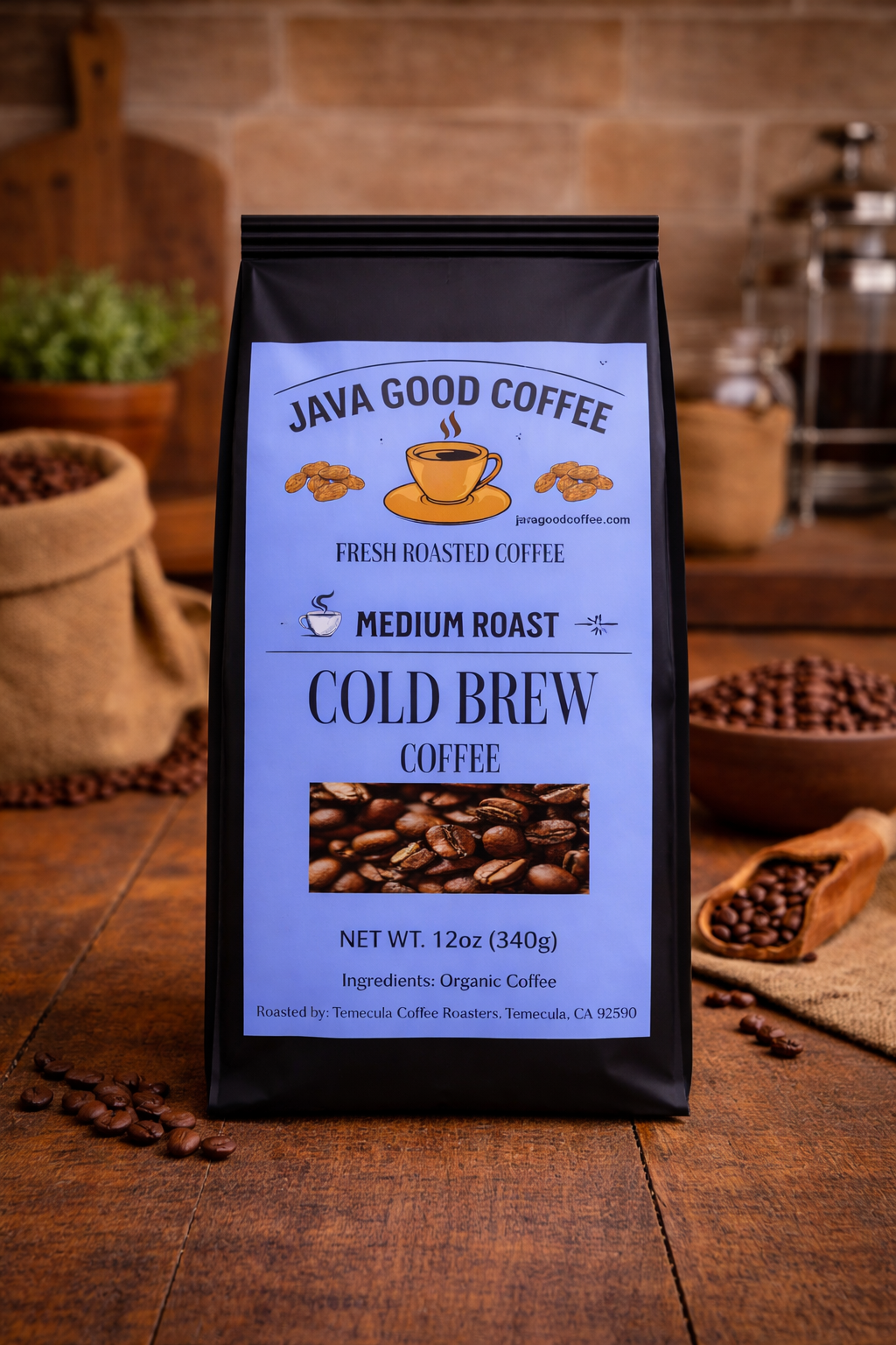 Java Good Coffee cold brew coffee package on a wooden surface with coffee beans and a blurred background.
