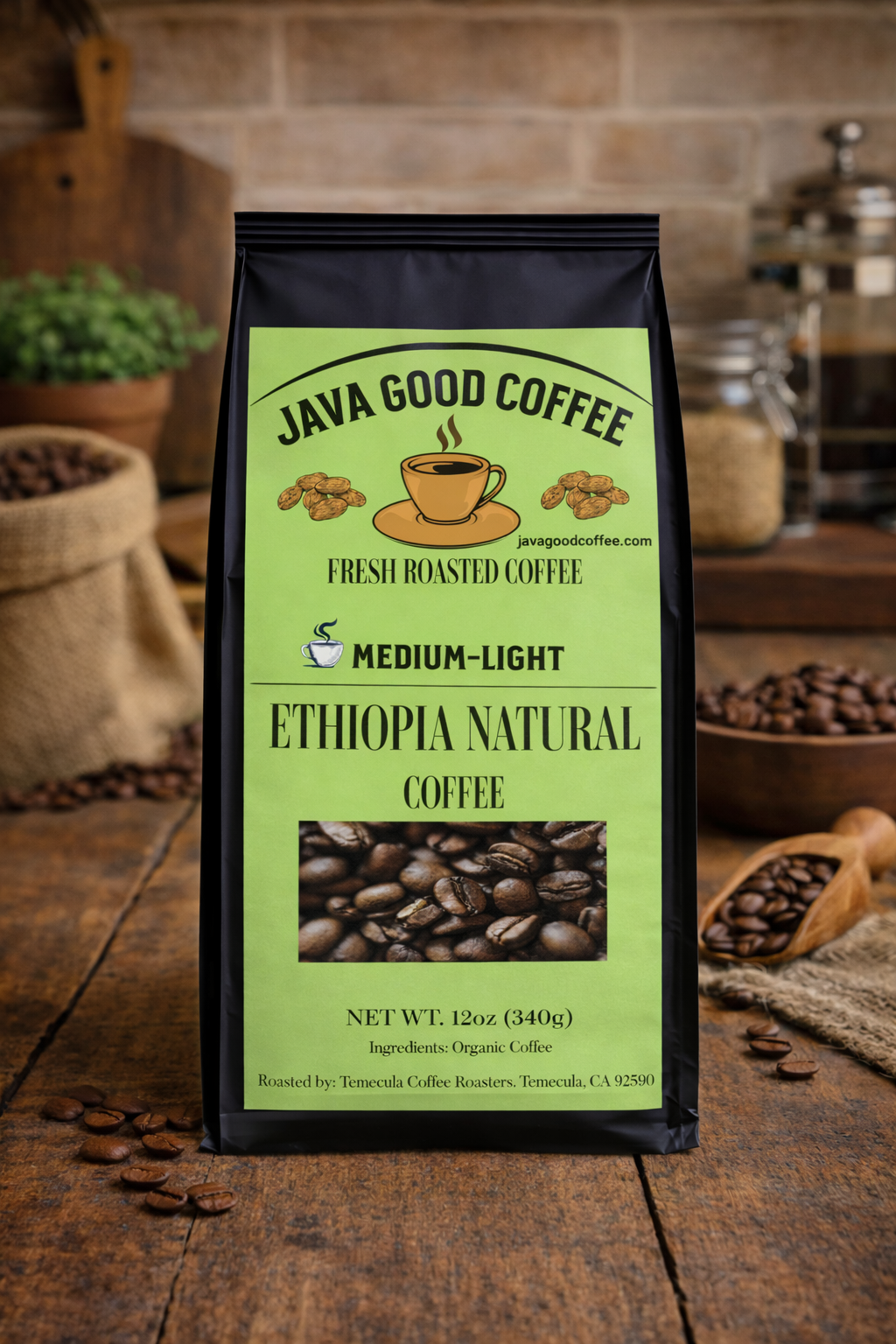 Java Good Coffee bag on a wooden surface with coffee beans and a rustic background