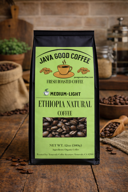 Java Good Coffee bag on a wooden surface with coffee beans and a rustic background