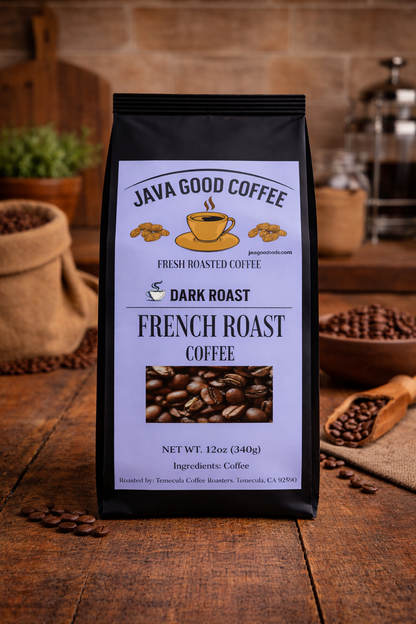 Java Good Coffee package on a wooden surface with coffee beans and a rustic background