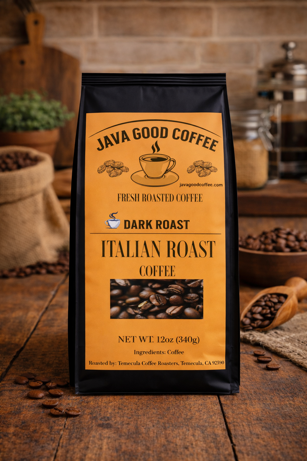 Java Good Coffee package on a wooden surface with coffee beans and a rustic background