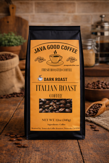 Java Good Coffee package on a wooden surface with coffee beans and a rustic background