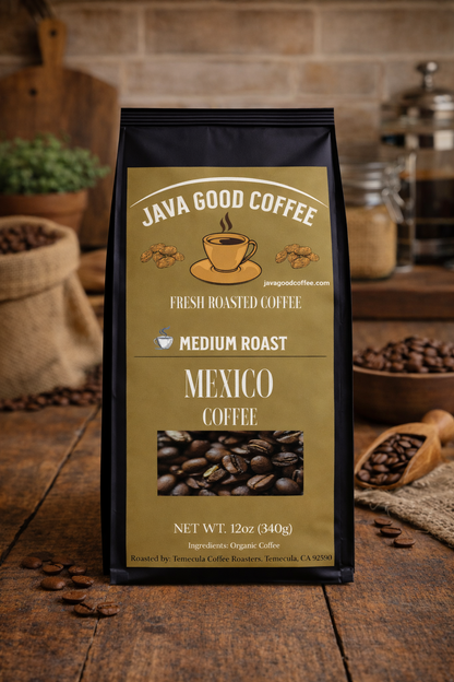 Java Good Coffee package on a wooden surface with coffee beans and a rustic background