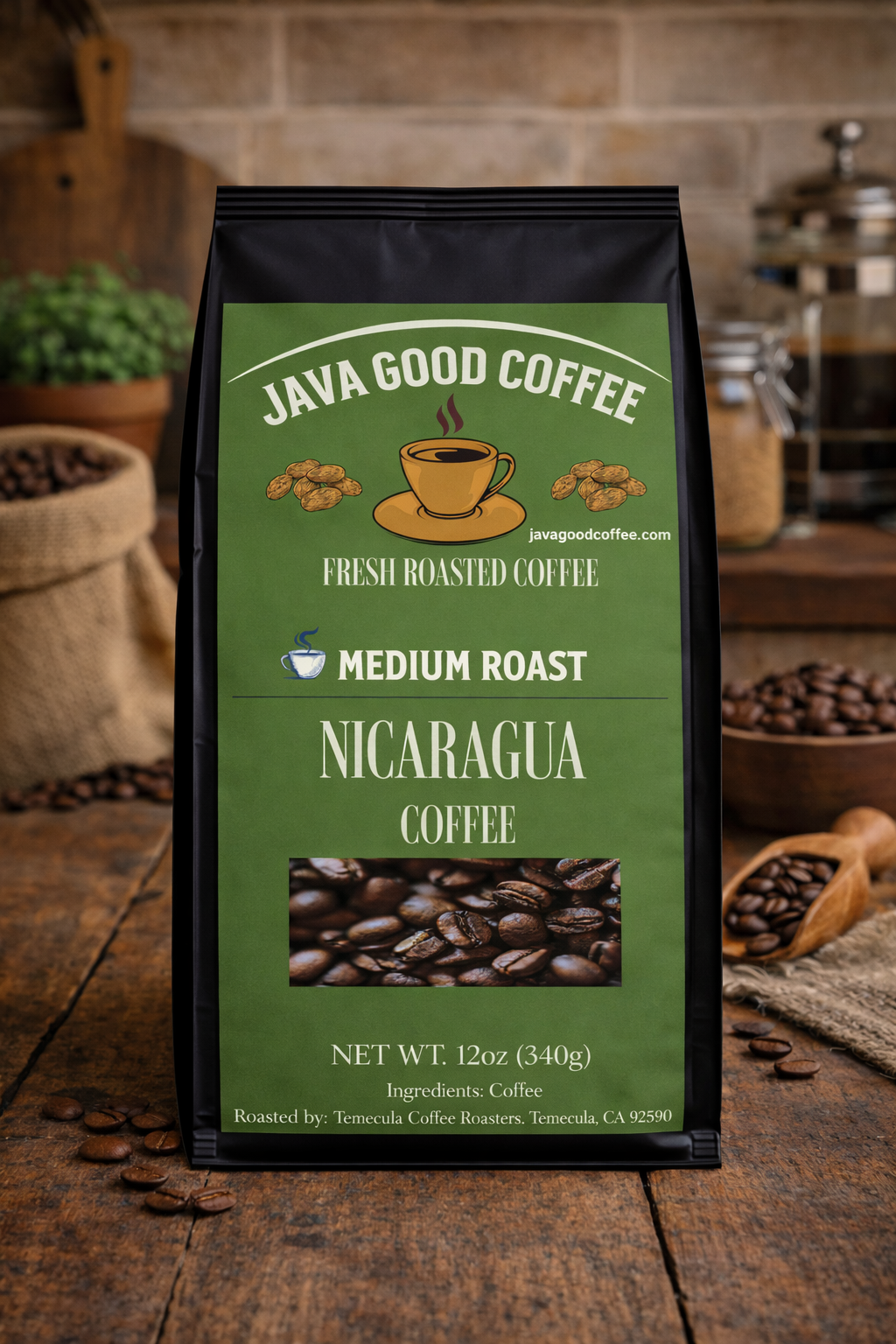 Java Good Coffee Nicaragua coffee bag on a wooden surface with coffee beans and a rustic background.