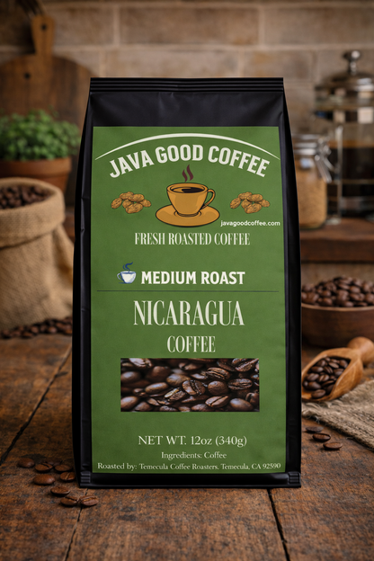 Java Good Coffee Nicaragua coffee bag on a wooden surface with coffee beans and a rustic background.