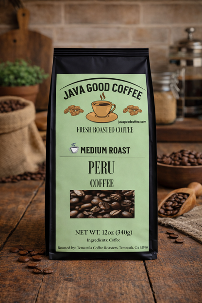 Java Good Coffee package on a wooden surface with coffee beans and a rustic background
