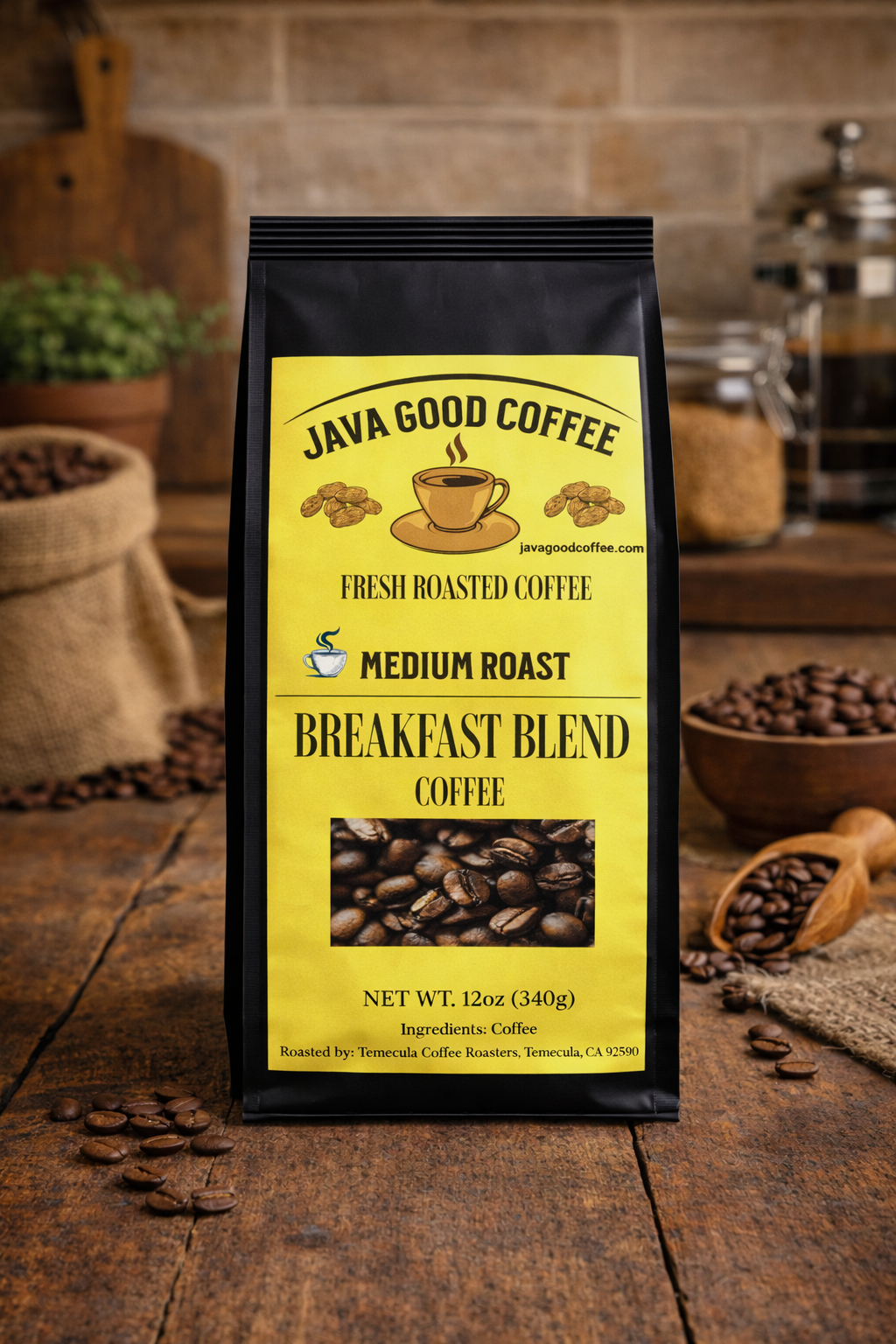 Java Good Coffee package on a wooden surface with coffee beans and a rustic background