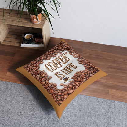 Coffee Is Life Brown Tufted Floor Pillow, Square -at Java Good Coffee