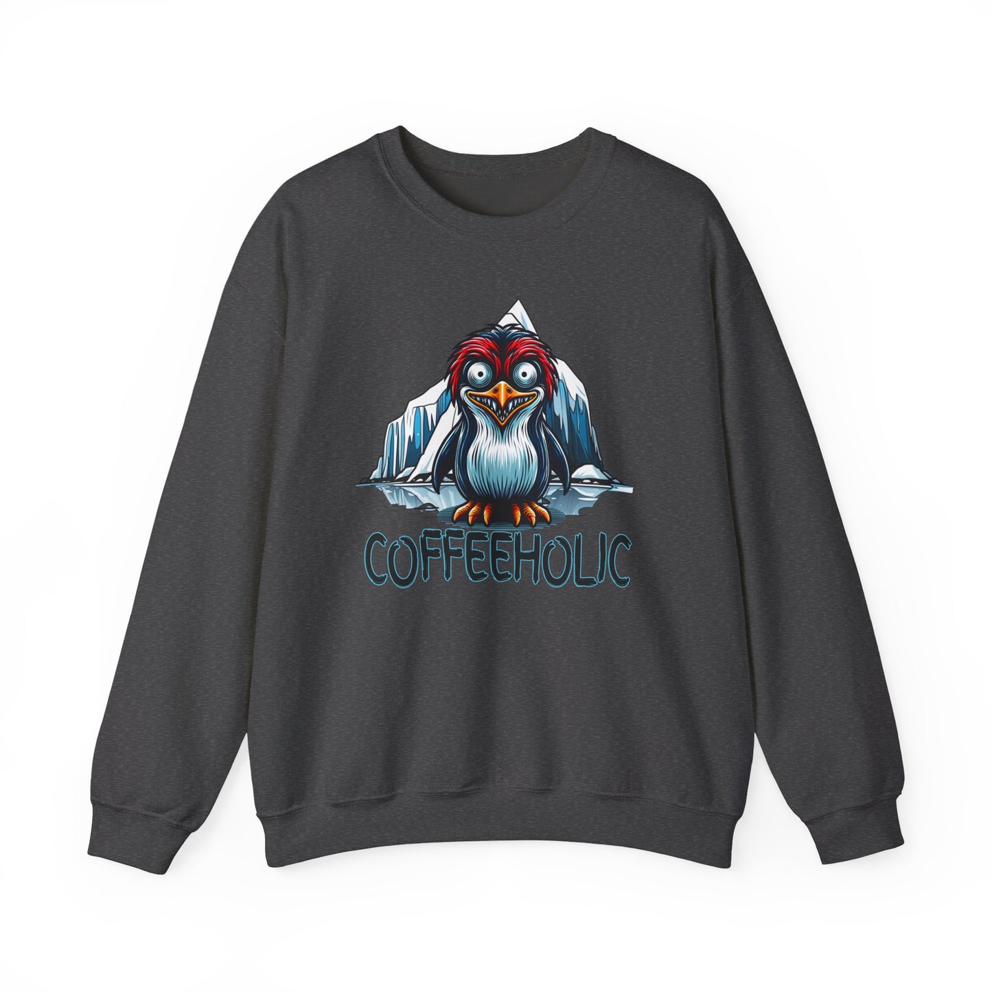 Dark gray sweatshirt with a cartoon penguin and 'COFFEEHOLIC' text on a white background
